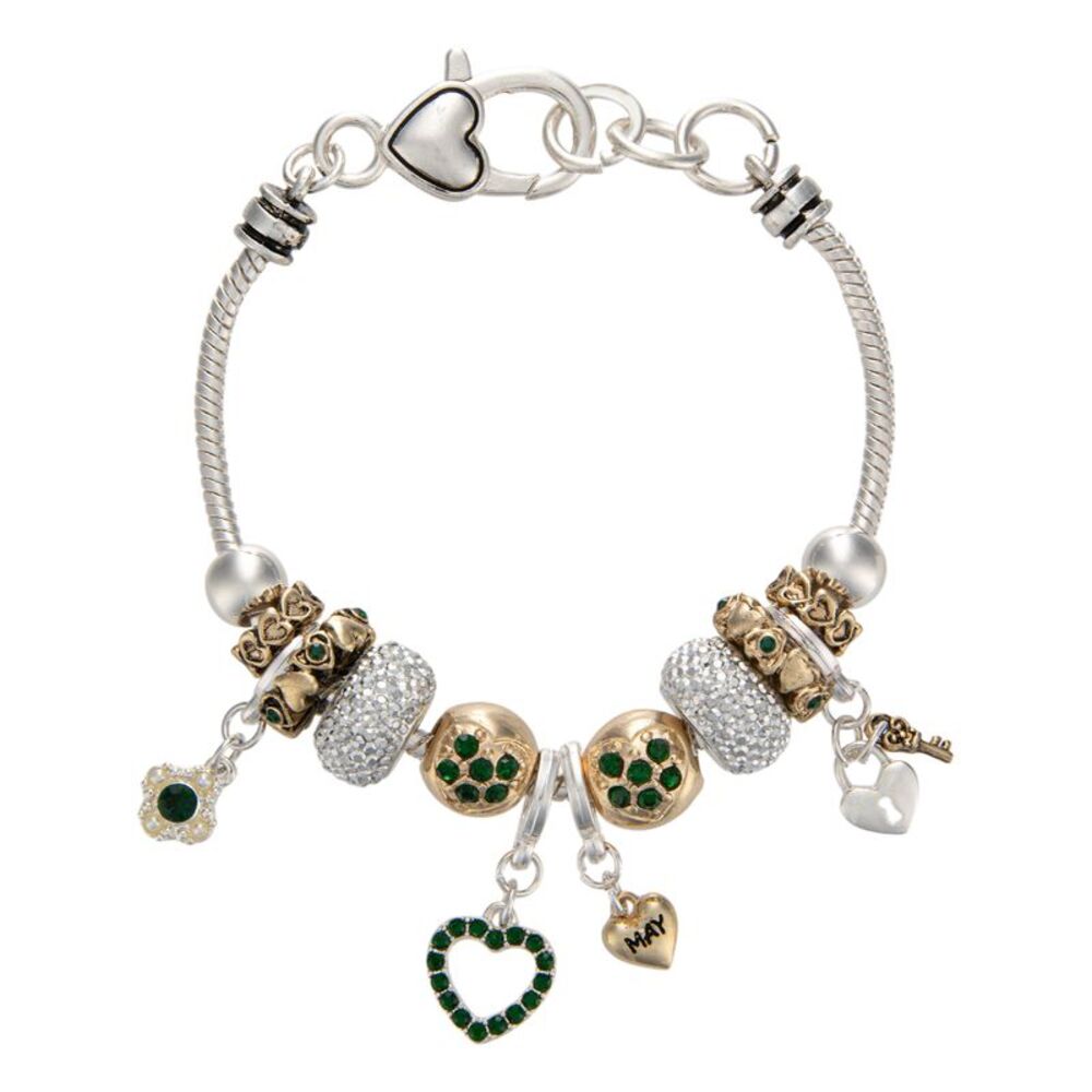 Landau May Birthstone Heart Charm Bracelet with Crystal Accents Silver Tone